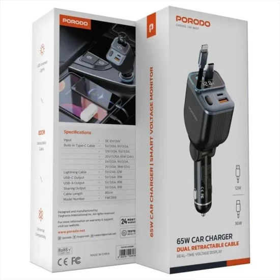 Porodo 65W Car Charger Dual Retractable Cable - Black